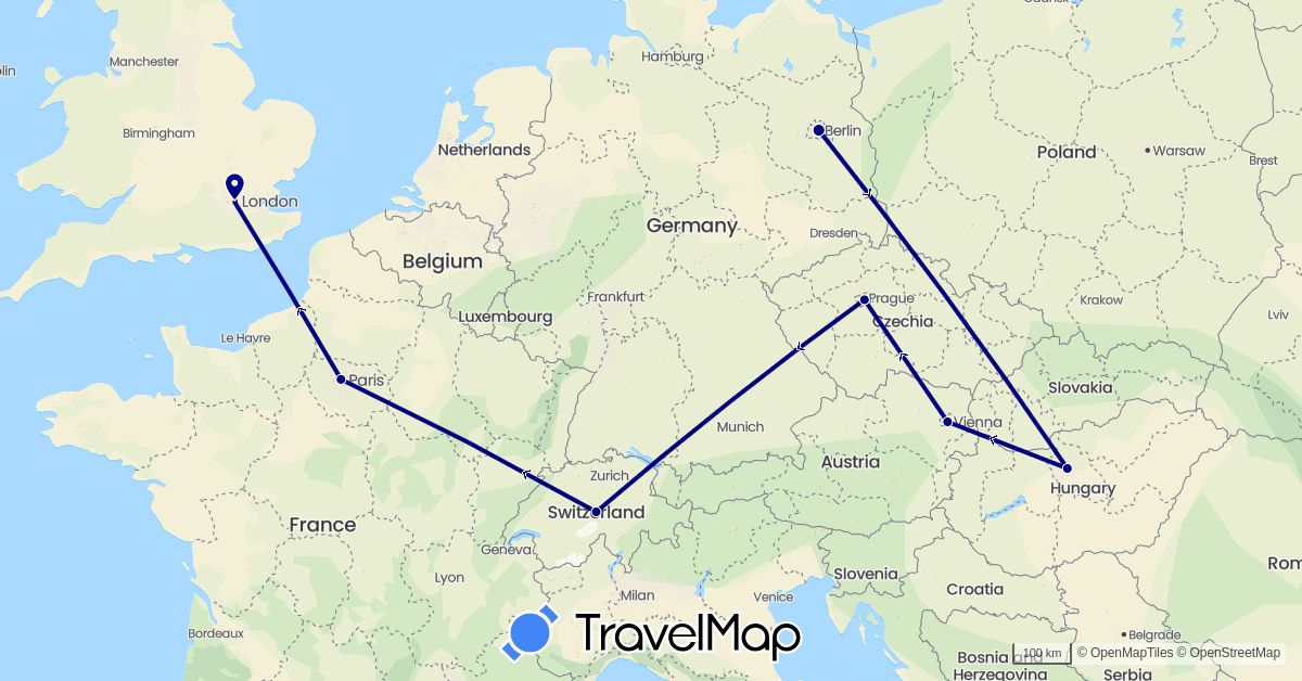 TravelMap itinerary: driving in Austria, Switzerland, Czech Republic, Germany, France, United Kingdom, Hungary (Europe)