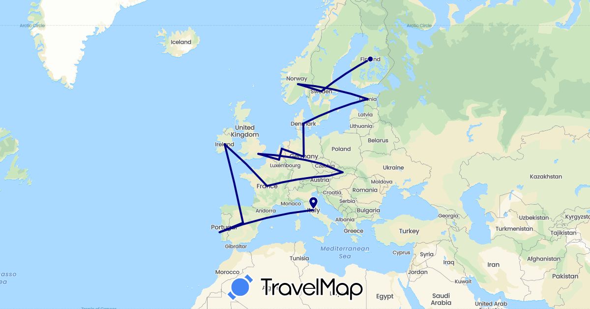 TravelMap itinerary: driving in Austria, Belgium, Czech Republic, Germany, Denmark, Estonia, Spain, Finland, France, United Kingdom, Ireland, Italy, Netherlands, Norway, Portugal, Sweden, Slovakia (Europe)